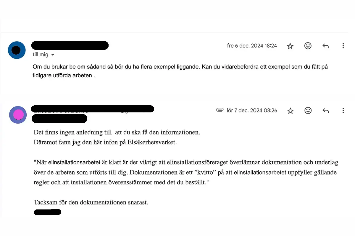  Skärmbild av mail från Oproffsig autorisation företag för el 