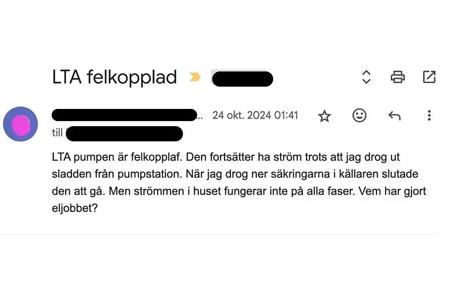 Felkopplad LTA pump mail från Företag som kopplat in