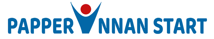 Logo Papper Innan Start text i blått och rött
